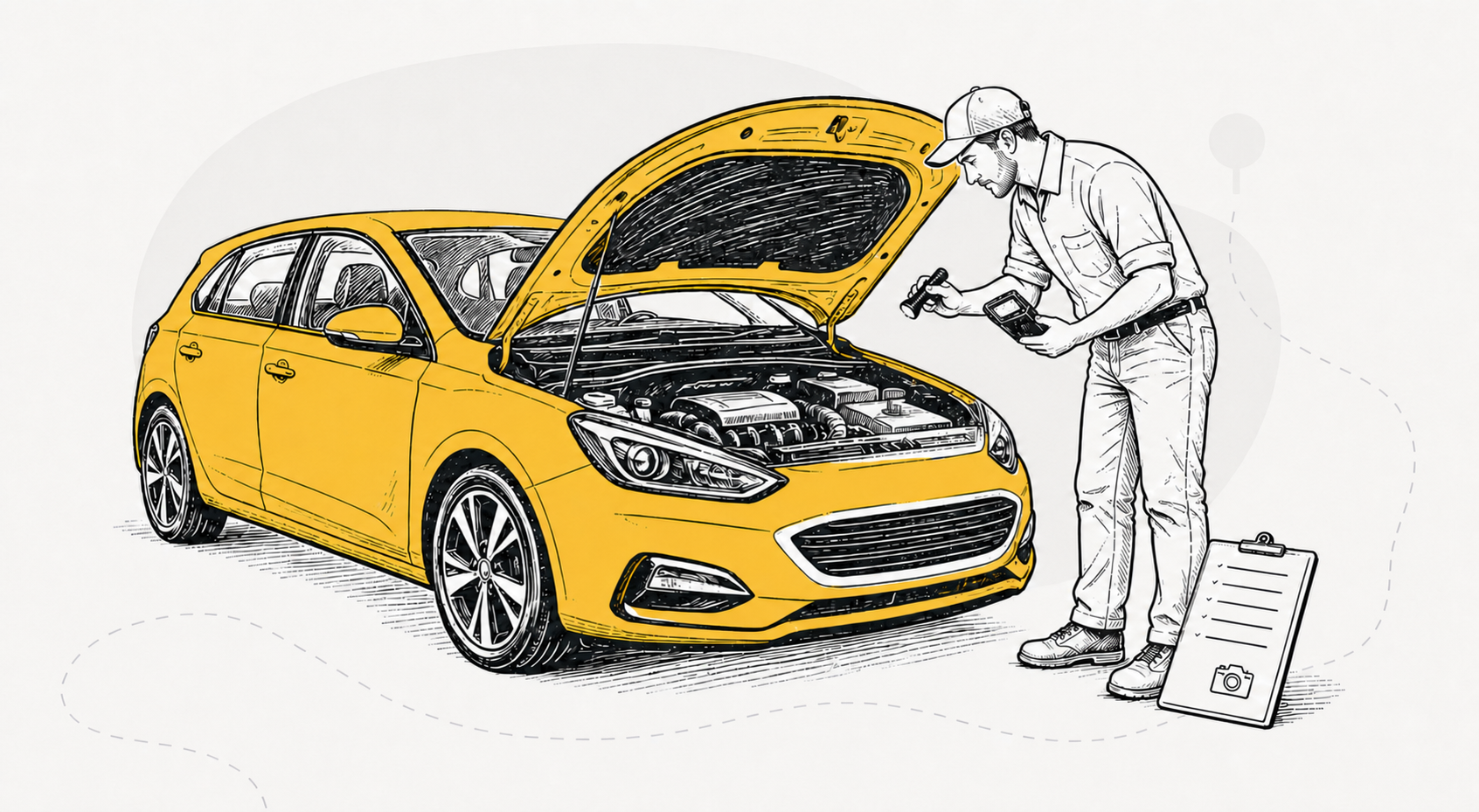 Standing independent inspector checking the engine of a yellow used car