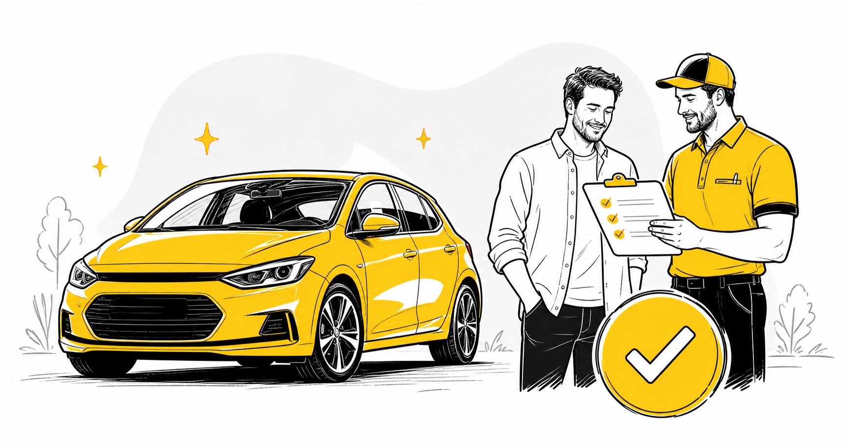 Seller and independent inspector reviewing a used-car inspection beside a yellow car
